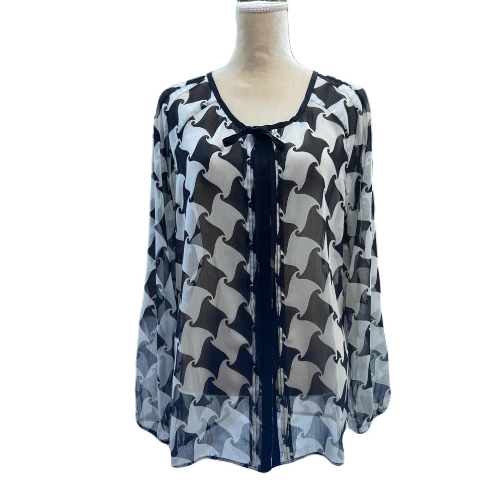 Charter Club Women's Chiffon Blouse Black White Houndstooth Long Sleeve Size L